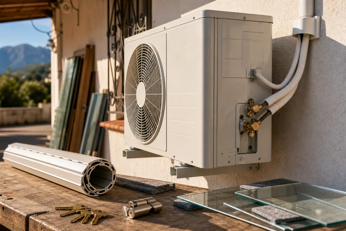 Unité extérieure de climatisation installée sur un mur de maison avec ses liaisons frigorifiques