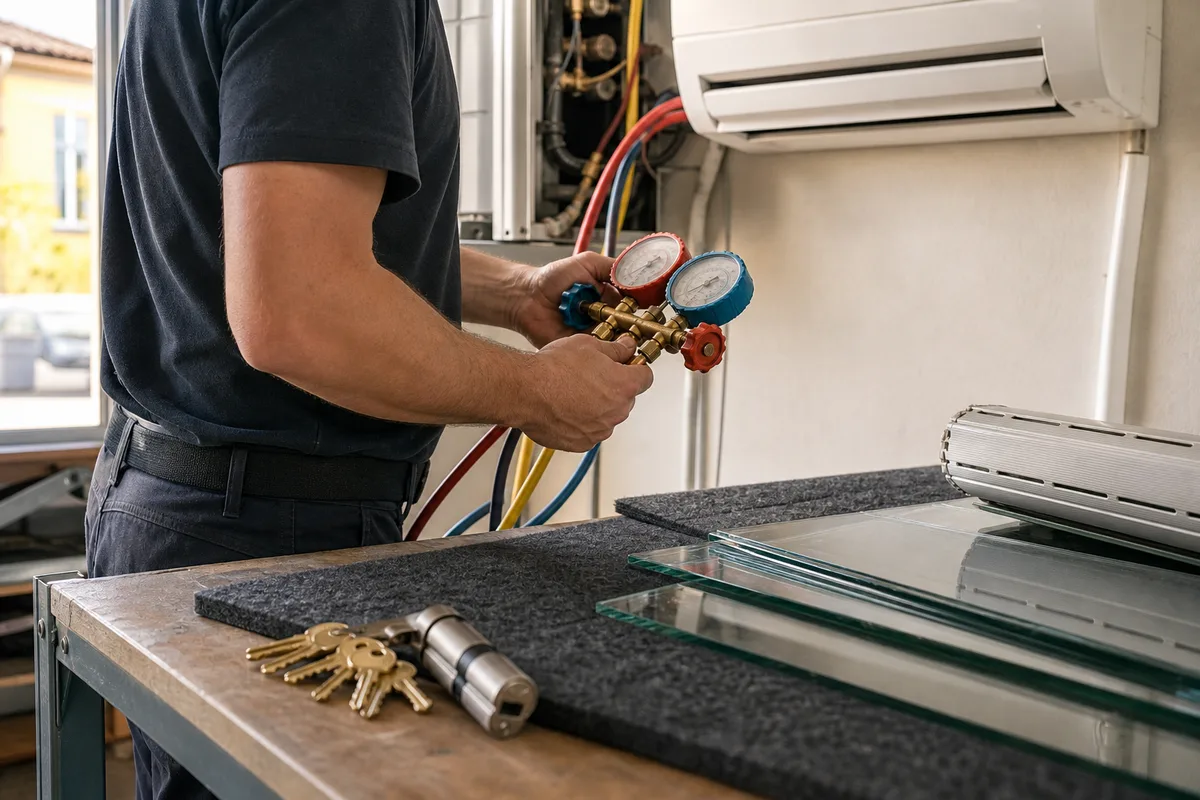 Technicien contrôlant les pressions d’un circuit frigorifique avec un manifold professionnel