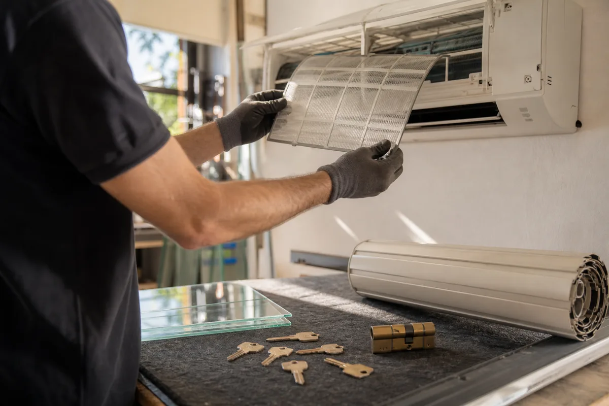 Technicien nettoyant les filtres d’une unité intérieure de climatisation murale