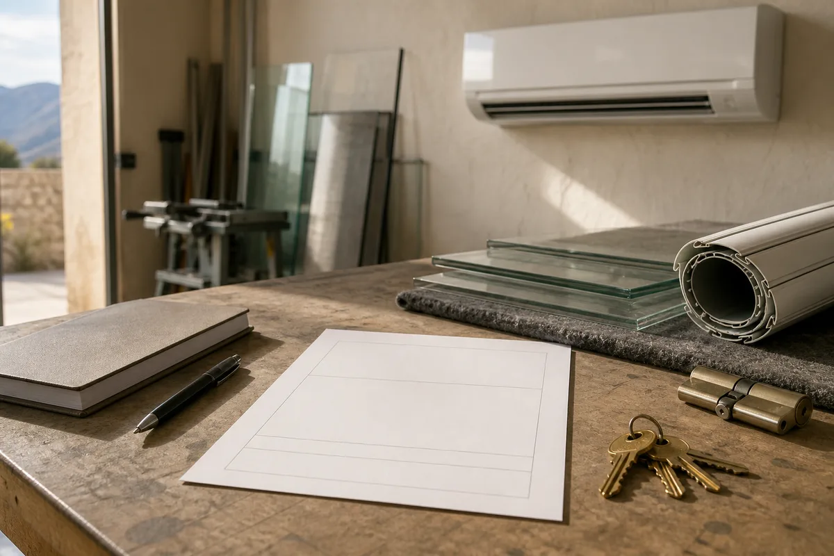 Attestation d’entretien de climatisation posée sur une table à côté d’un carnet et d’un stylo