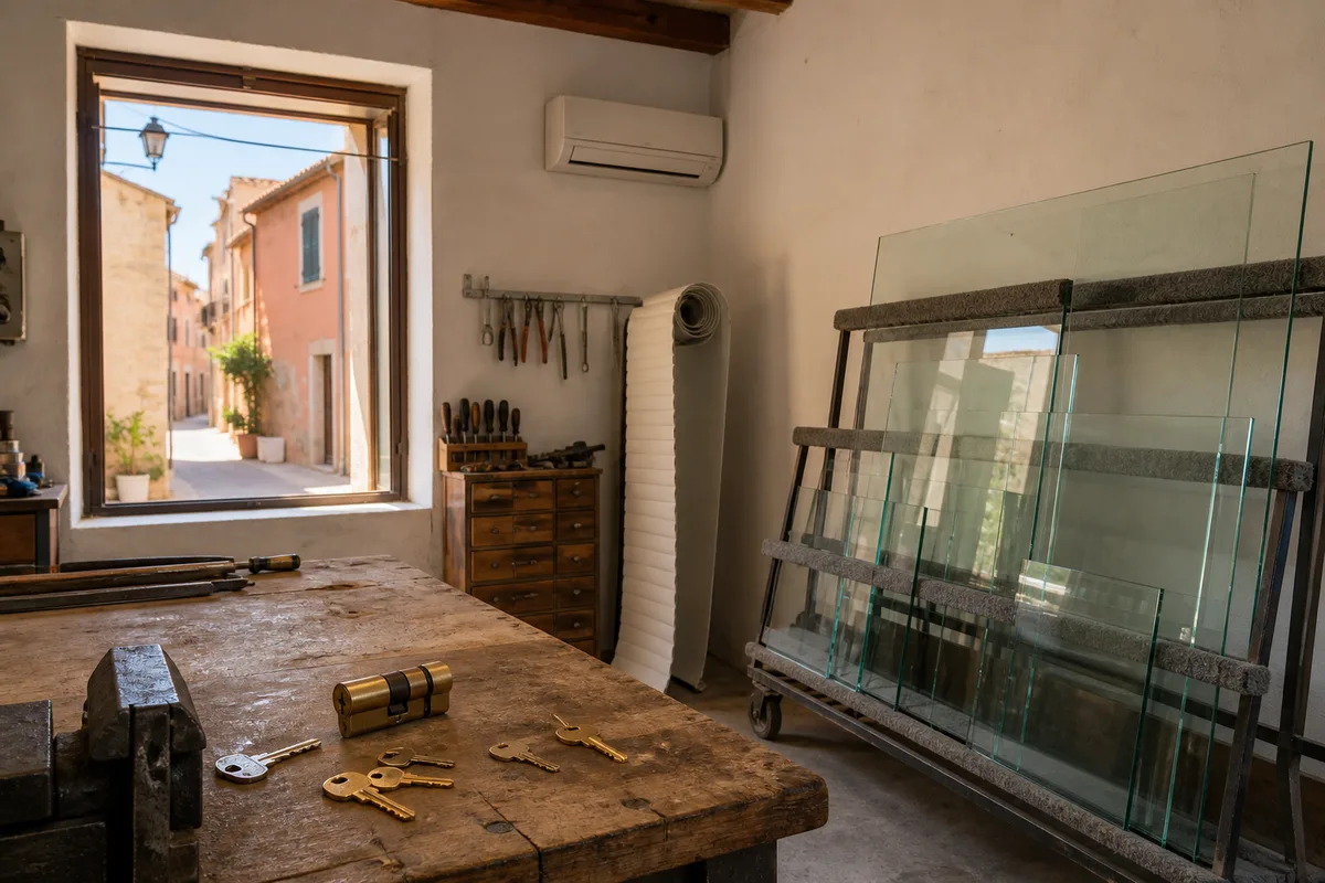 Porte d’entrée vitrée d’une maison catalane avec sa serrure à cylindre en gros plan