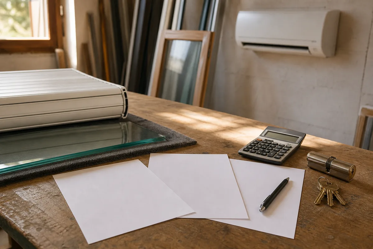 Trois devis de menuiserie posés sur une table avec une calculatrice et un stylo
