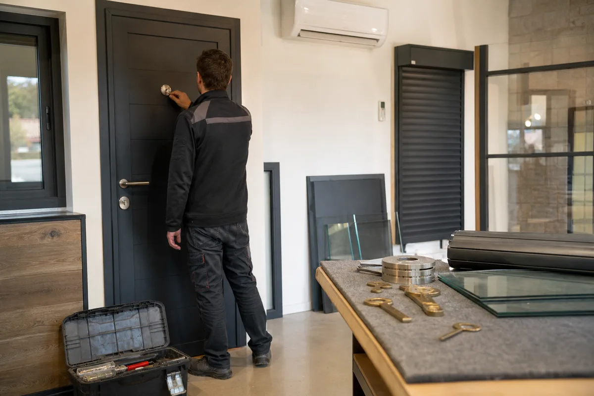 Serrurier professionnel examinant le cylindre d&rsquo;une porte d&rsquo;entrée avec sa mallette d&rsquo;outils ouverte au sol