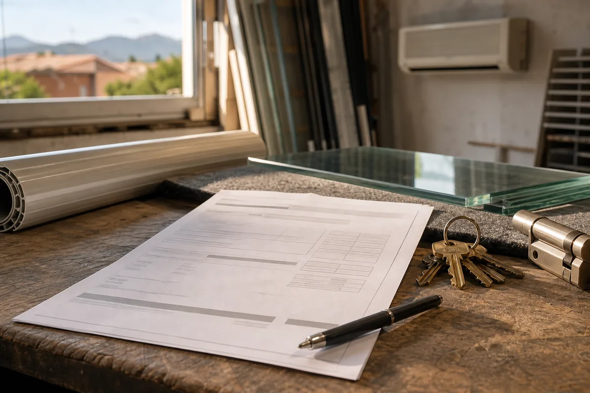 Devis papier détaillé posé sur une table à côté d&rsquo;un trousseau de clés et d&rsquo;un stylo