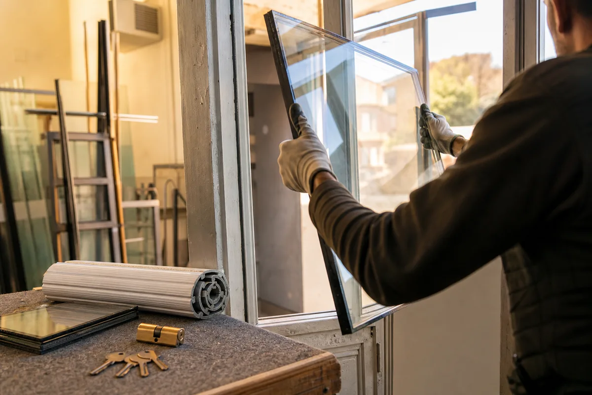 Ouvrier posant un vitrage isolant neuf dans un châssis de fenêtre en cours de rénovation
