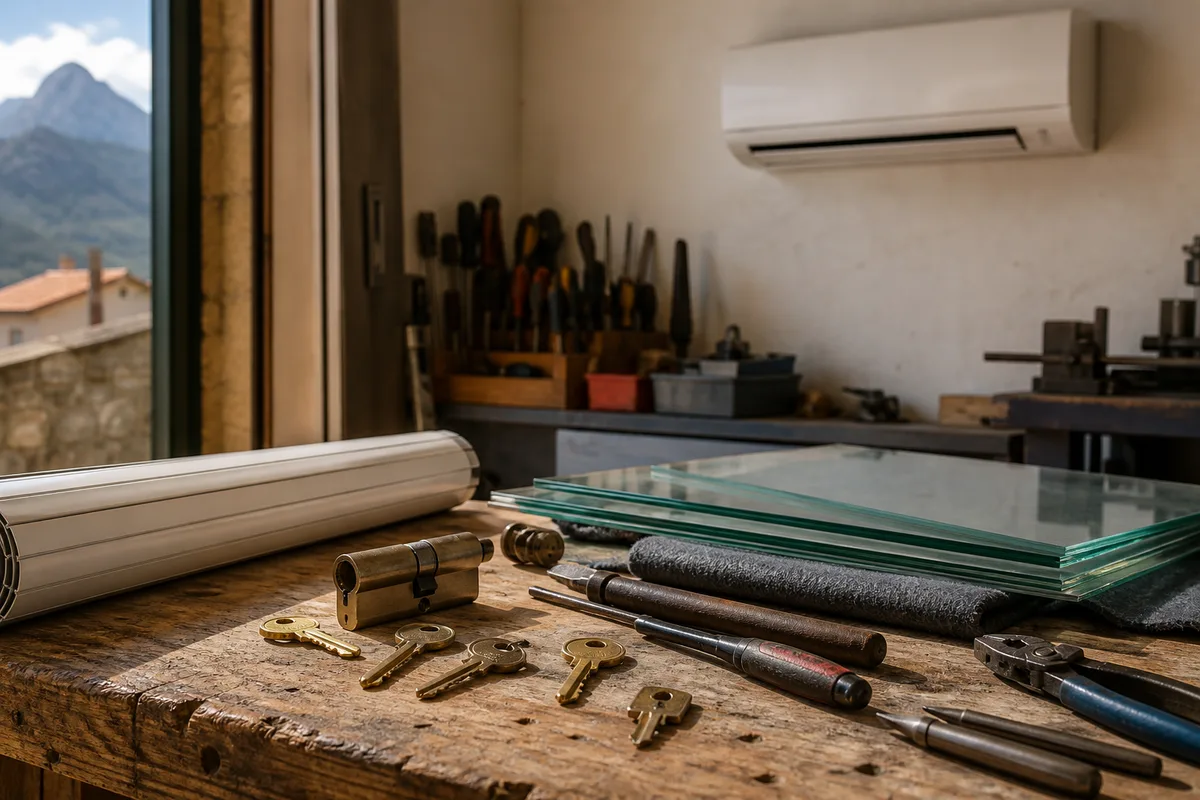 Établi d&rsquo;atelier avec cylindres de serrure, clés et outils de serrurier posés sur un plan de travail