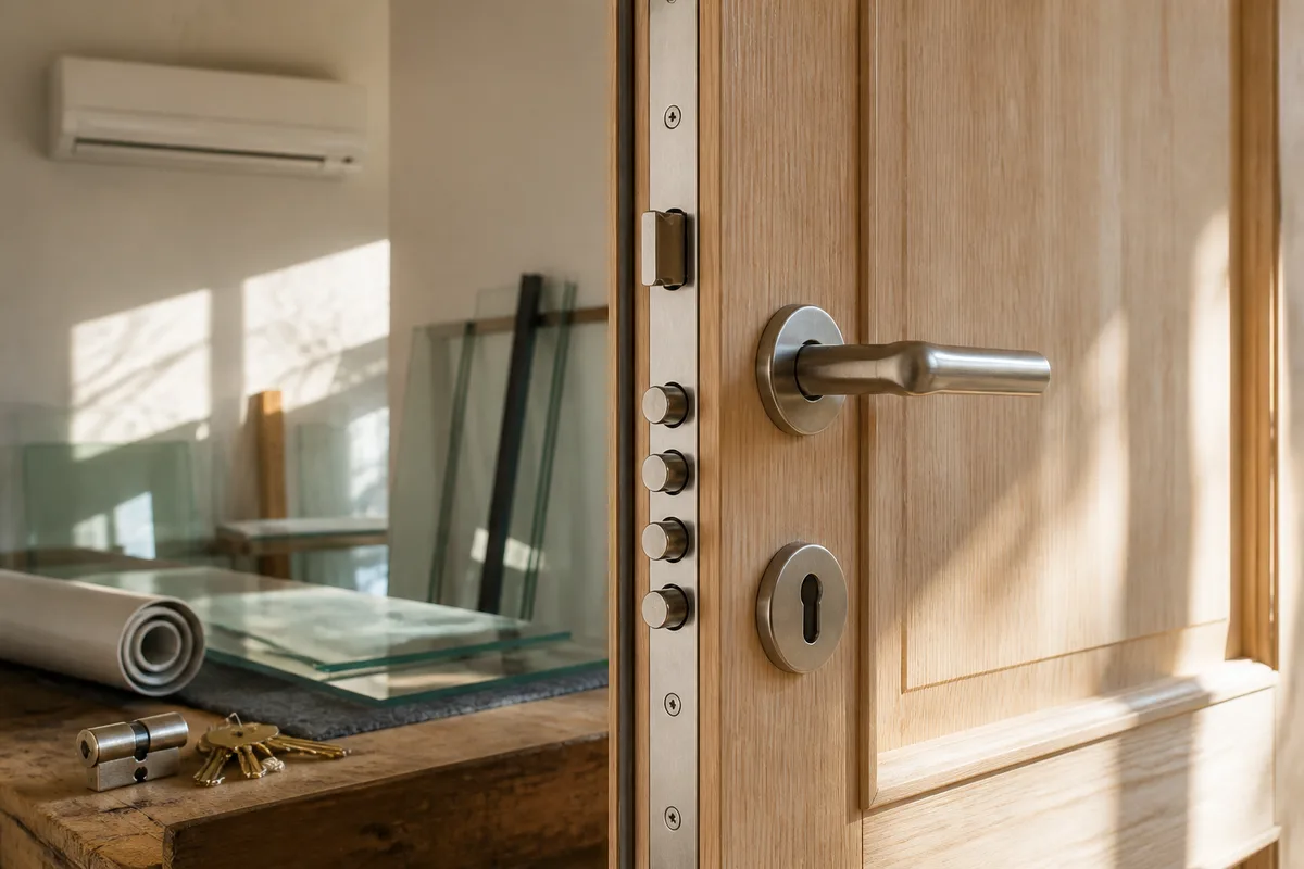 Porte d&rsquo;entrée en bois clair avec serrure multipoints et poignée en inox, vue rapprochée