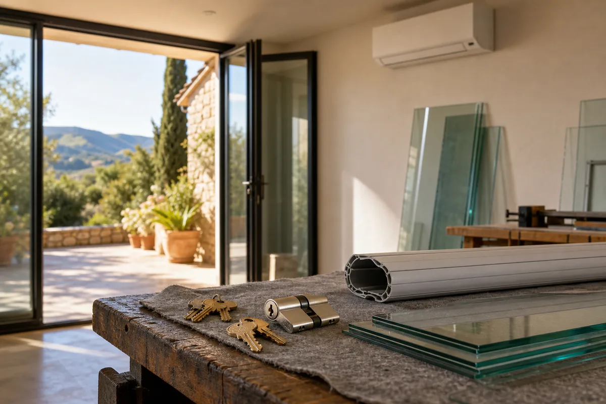 Grande baie vitrée d&rsquo;une maison méditerranéenne ouverte sur une terrasse ensoleillée