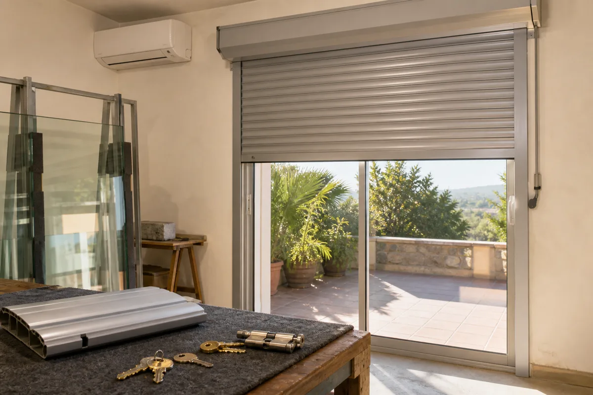 Volet roulant aluminium neuf installé sur une baie vitrée donnant sur une terrasse